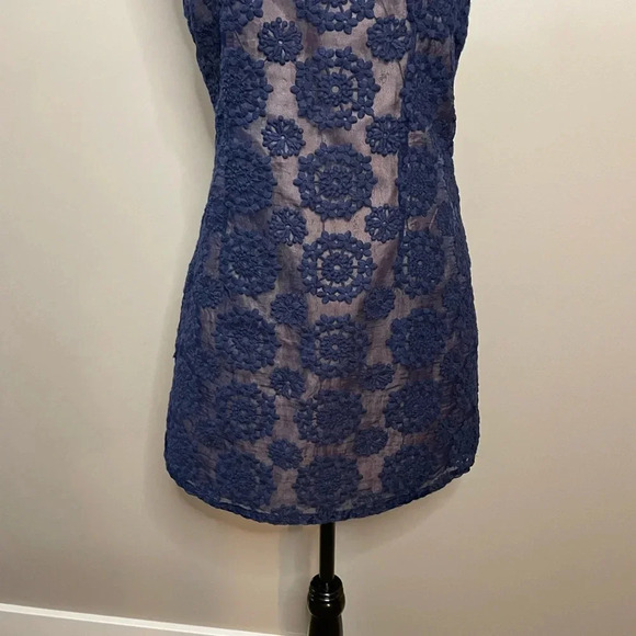 Blu Pepper Navy Blue Dress with Embroidered Mesh Fabric and Nude Underlay - Picture 3 of 12